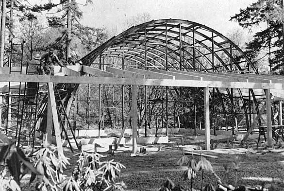 Workmen erecting the exhibition section of the cool house.